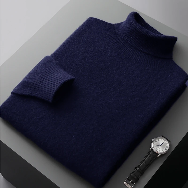 Autumn and winter high-necked men\'s cashmere sweater solid color loose 100% pure wool Joker fashion thickened basic sweater.