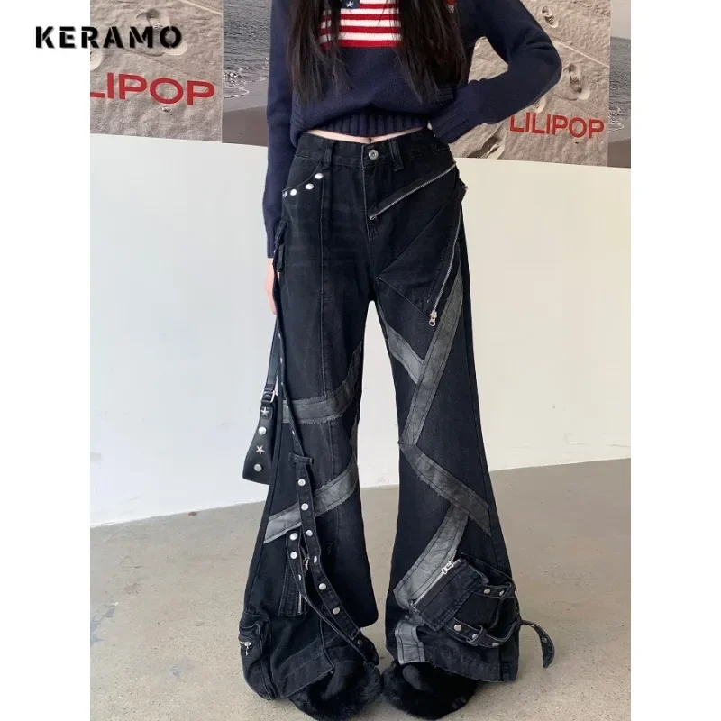 American Vintage Belted Design High Waisted Jeans Women's Casual Patchwork Pants Baggy Y2K Wide Leg Grunge Street Denim Trouser