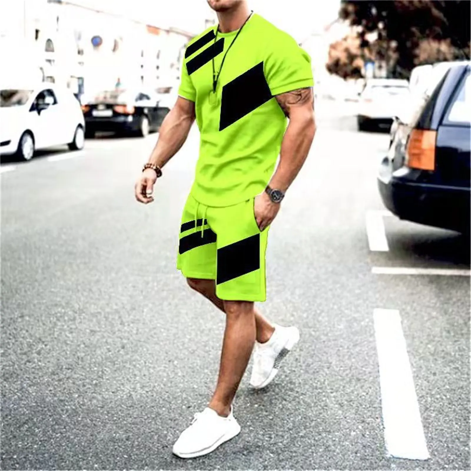 Color Blocking Loose Casual Male Sport Sets Men's Round Neck Short Sleeve Tops And Drawstring Pocket Shorts Two Piece Suits