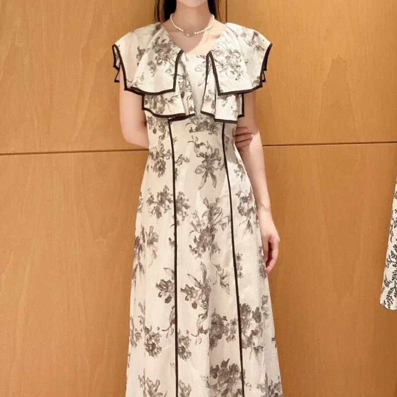 Slim Waist 2024 New Japanese Vestidos Temperament Ruffles Flying Sleeve Women Dress Elegant Vintage Print Autumn All-match Robe