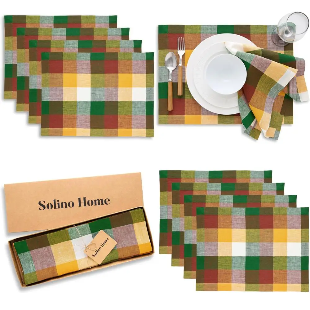 

Набор из 4 разноцветных льняных салфеток в клетку буйвола — 13x18 дюймов, стиль фермерского дома из чистого льна