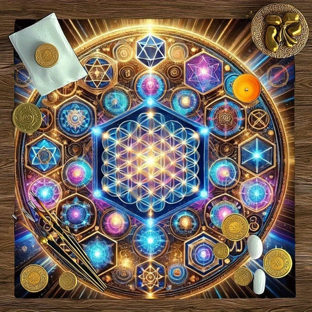 Tarot Tablecloth Multiple Sizes Printed Sacred Geometry Cosmic Mystery Altar Cloth Polyester Divination Prophecy Card Game Pad