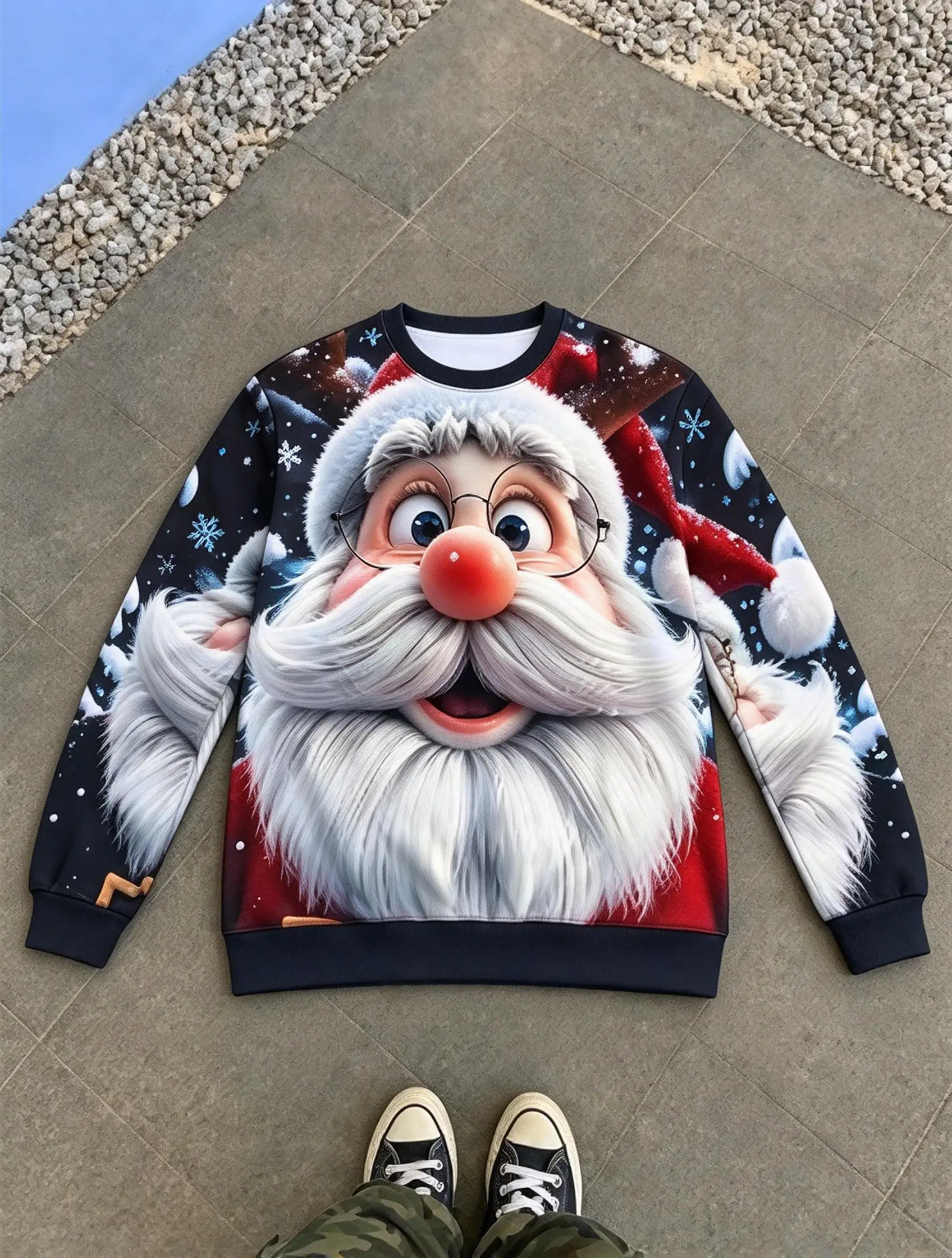 Unisex Big Santa Face Dark Snow Scene Allover Print Christmas Crewneck Sweatshirt Holiday Pullover