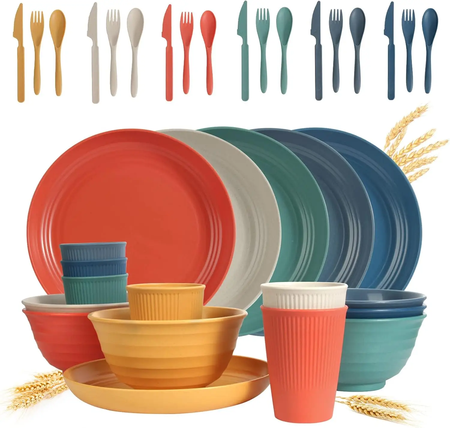 Wheat Straw Dinnerware - ReusablePlates and Bowls Sets, Travel Camping Cutlery Set, Dishwasher Microwave Safe Dinnerware