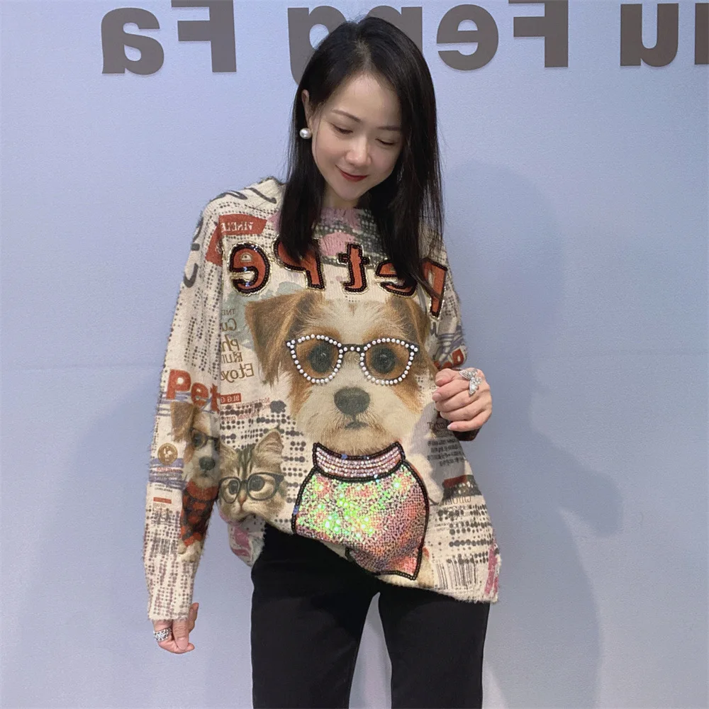 Heavy Beaded Round Neck Pullover Sweater for Women 2025 Autumn Winter New Sequins Cartoon Loose Long-sleeved Knitted Top