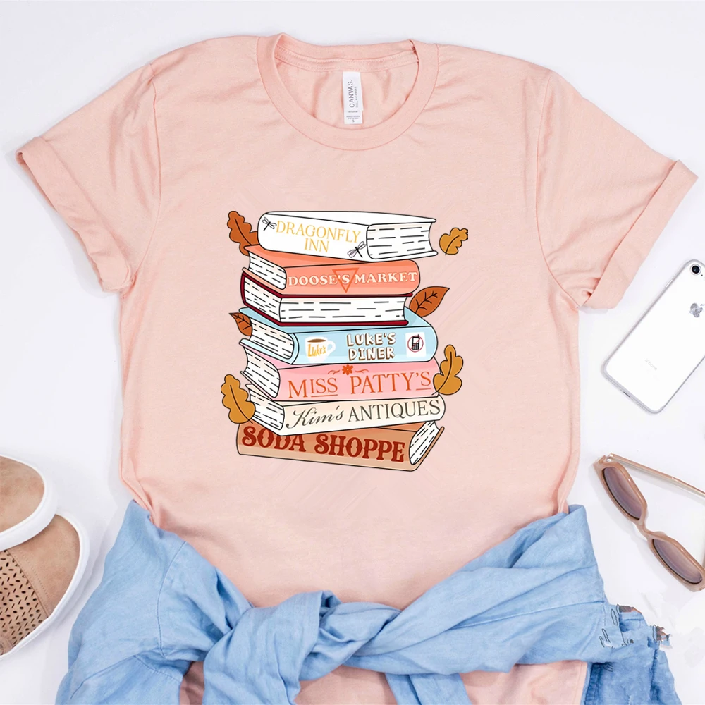 Fall Stacked Books Stars Hollow Inspired Graphic Tee Women Bookish Autumn Casual Short Sleeve Gift Tops