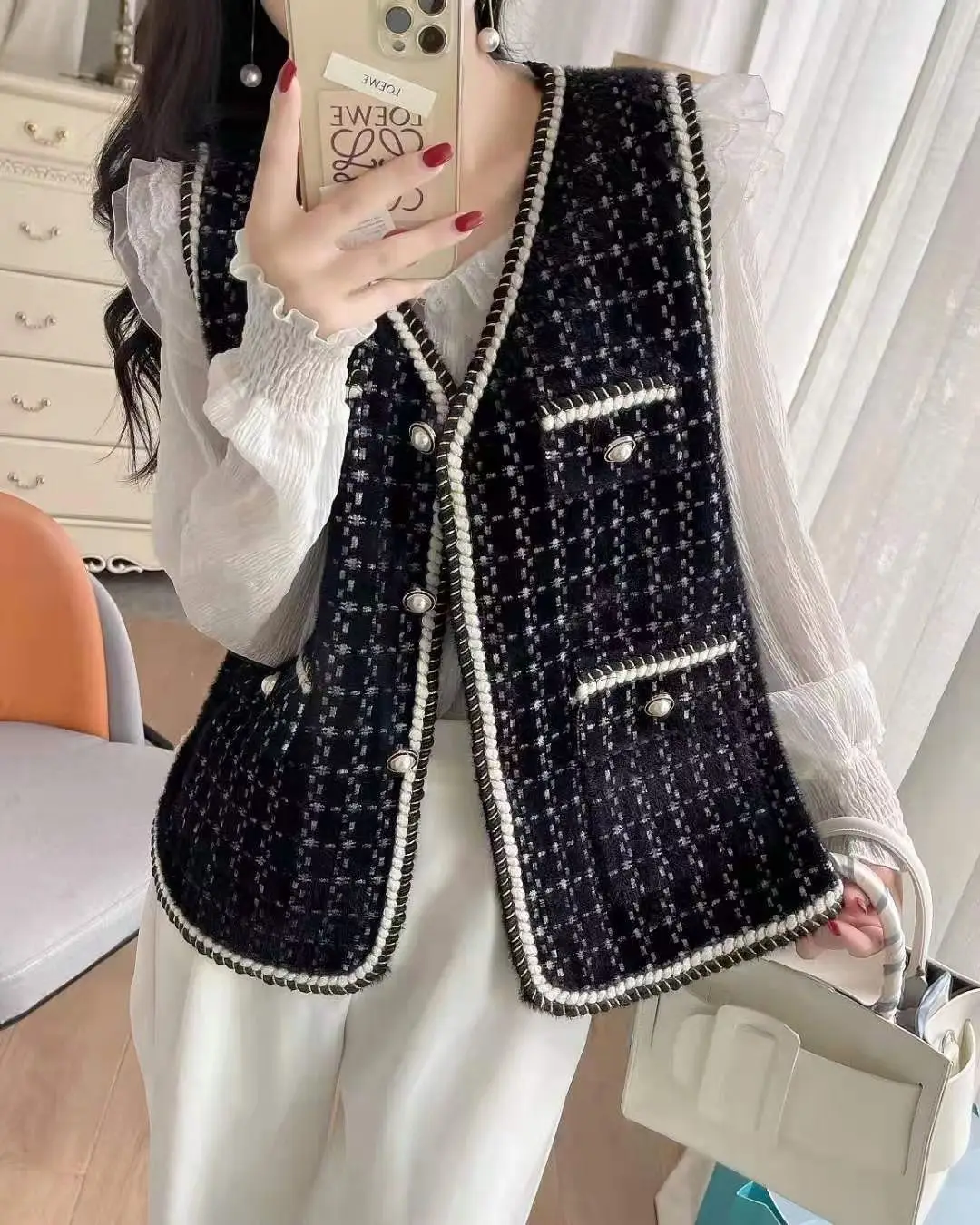 

New French Stitching Imitation Mink Knitted Vest Western Style Loose Versatile Spring Autumn Plaid Women's Waistcoat