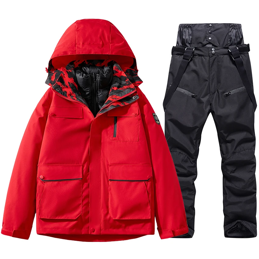 Winter Ski Suit Cotton Down Jacket and Strap Pants Outdoor Waterproof Windproof Snow Costumes Warm Snowboard Wear Male Overalls