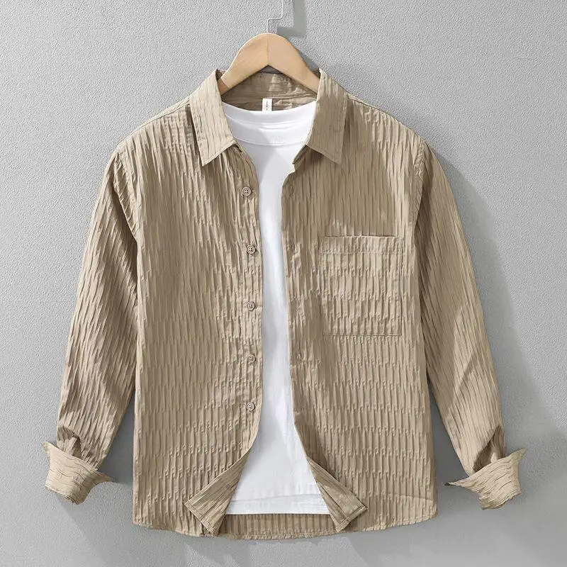 Light Feel Raised Flower Bubble Cloth Spring Autumn Men's Thin Shirt Style Flip Collar Jacket Outerwear Sun Protection Clothing