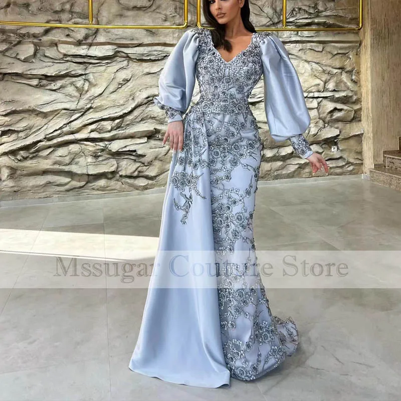 

2022 Vintage Blue Evening Dresses V-neck Mermaid Floor Length Party Prom Gowns Detachable train robes de soiree