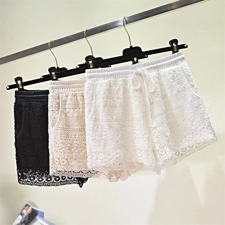 Loose Knitted Lace Hollow out Short Pants Women's Safety Shorts Casual Cotton Pants Low Waist Three-Quarter Length Summer 