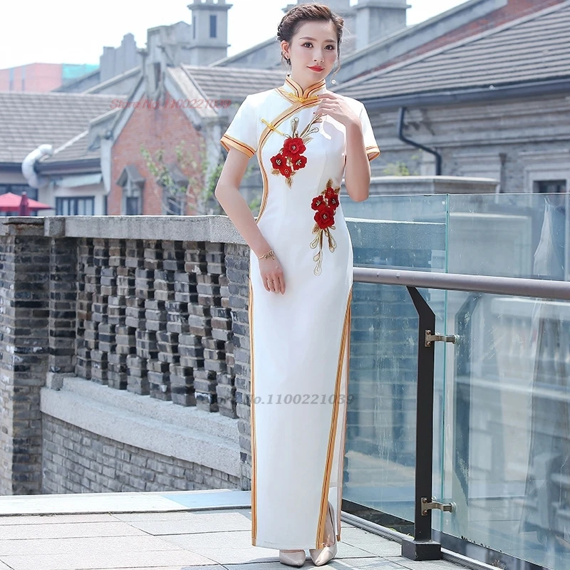 

Китайское винтажное платье 2025 года, улучшенное платье Cheongsam с национальной цветочной вышивкой, платье для выступления на сцене, банкетное вечернее платье qipao