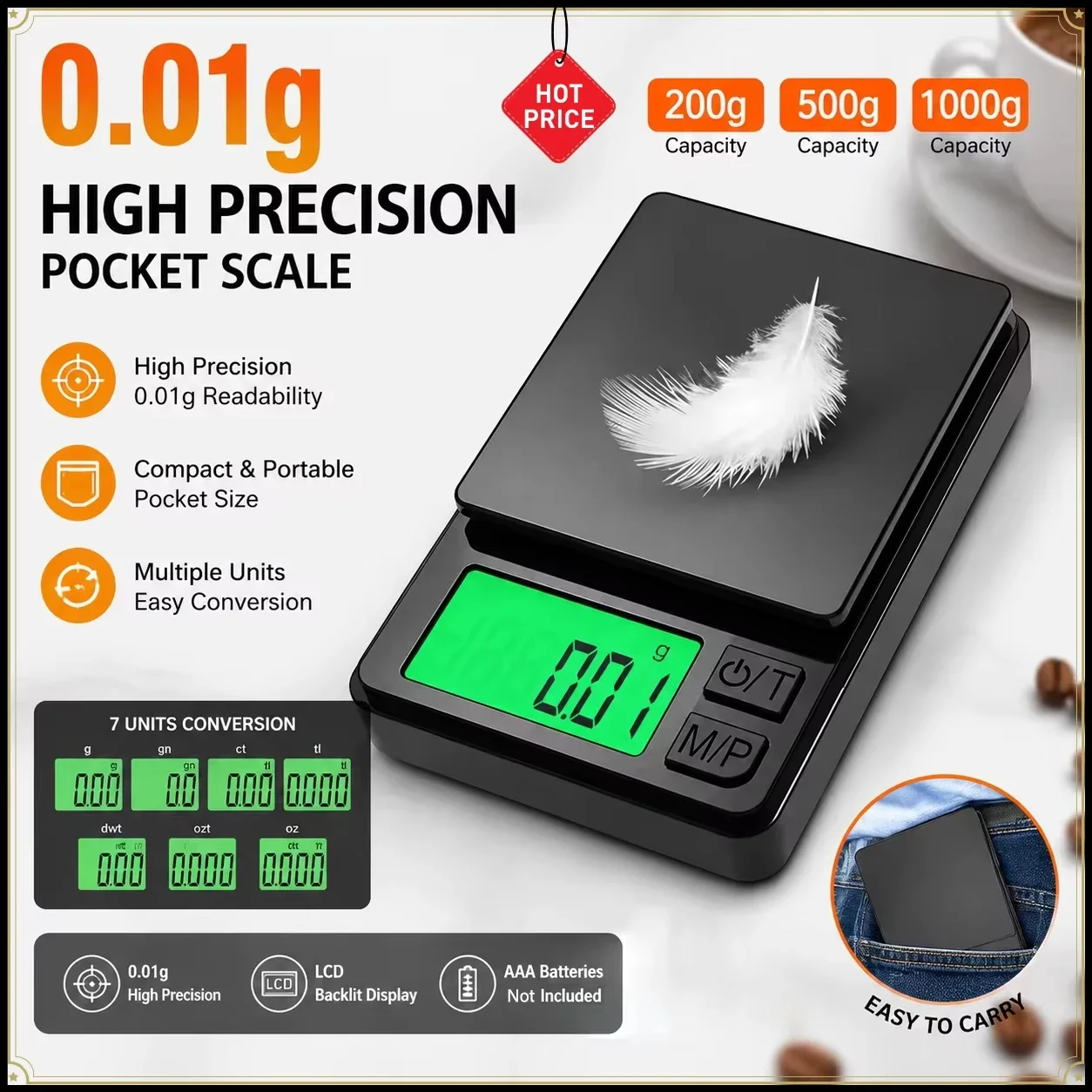 Digital Pocket Scale 200g x 0.01g High Precision Mini Gram Scale Backlit LCD Jewelry Scale 7 Measurement  Portable Weighing Tool