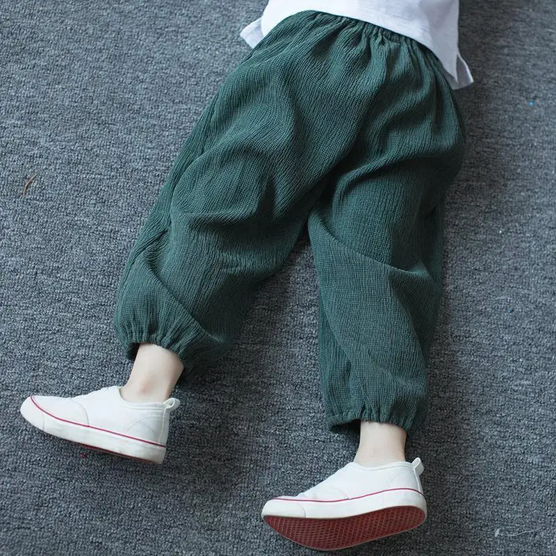 2-9Y Boys Girls Mosquito Repellent Pants Thin Autumn Cotton and Linen Long Air-conditioned Pants Loose Radish Sports Trousers