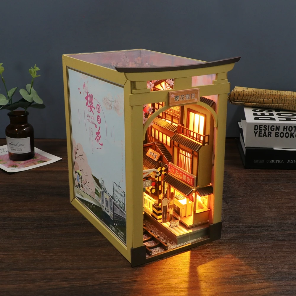 Diy Wooden Book Nook Shelf Insert Kits Miniature Cherry Blossom Train Station Bookends Japanese Bookshelf Handmade Crafts Gifts