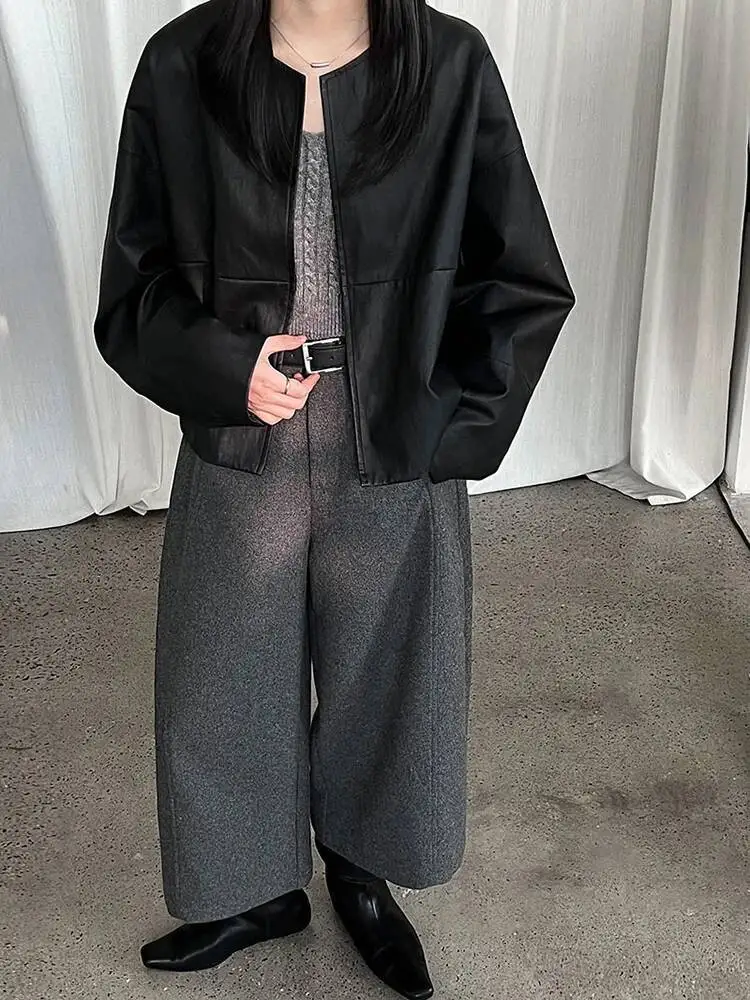 ハイウエストライトグレー厚いエレガントなロングワイドレッグウールパンツ新しいズボン女性ファッション潮春秋