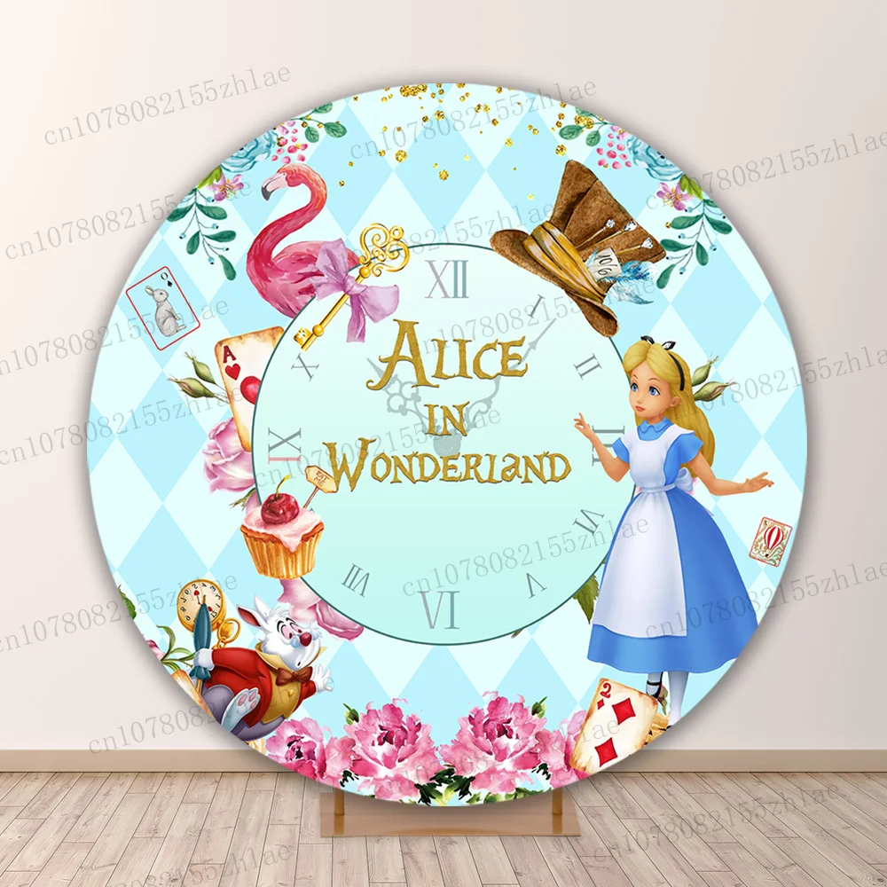 

Alice in Wonderland Birthday Party Round Photo Backdrop Baby Shower Photo Background Cartoon Banner Photography Backdrop