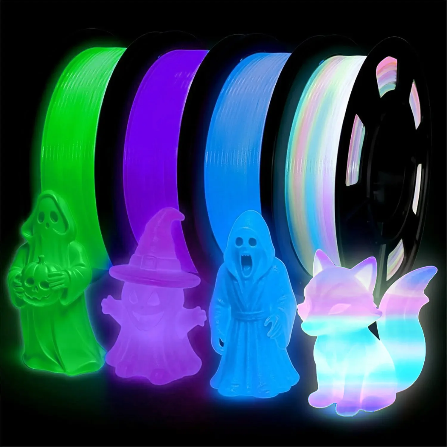 Glow in The Dark Filament Multicolor, Green, Blue, Purple and Rainbow, PLA Filament 1.75 mm, 3D Printer Filament Bundle