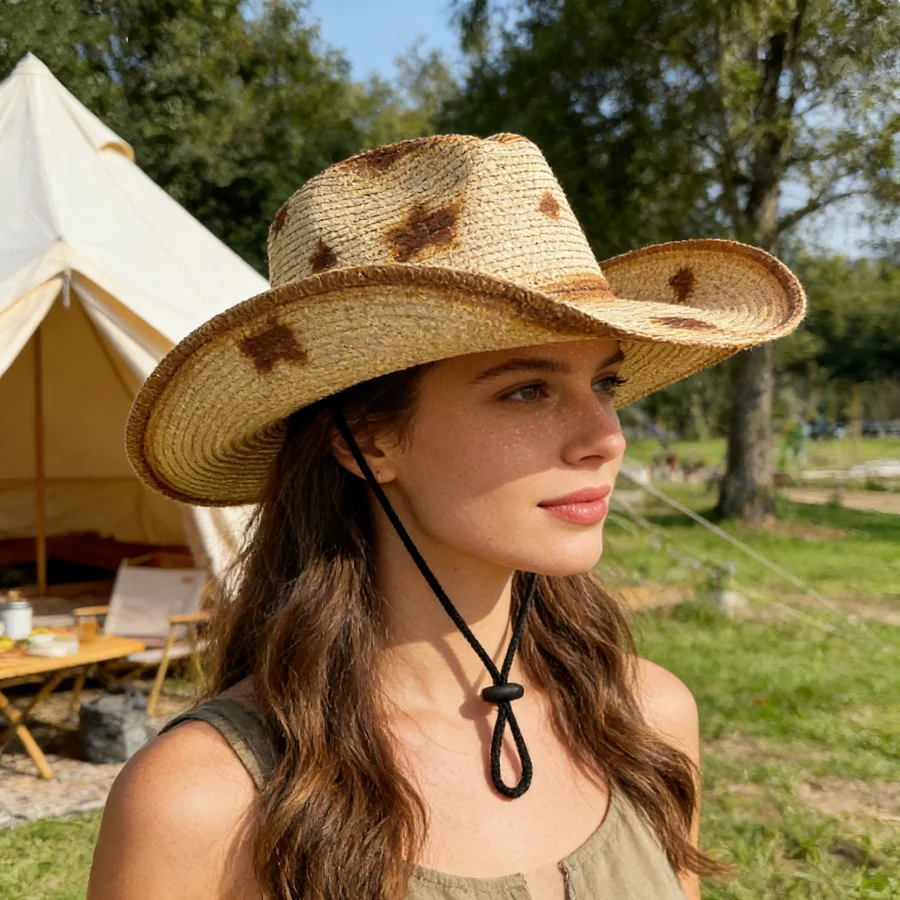 Japanese Retro Star Cowboy Straw Hat with Windproof Strap, Unisex, Outdoor Sun Protection, Daily Casual Outing Wide-Brimmed Straw Hat
