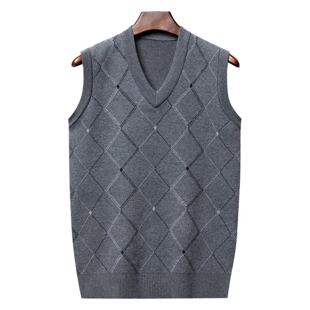 Men Sleeveless Top Stylish Men's V-neck Knitted Vest Warm Windproof Soft Sleeveless Top for Autumn/winter Geometric Rhombus