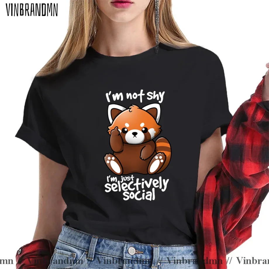 Autumn summer t-shirt selectively social anti social kawaii funny graphic shy red panda racoon T Shirt women T-Shirt tees tops