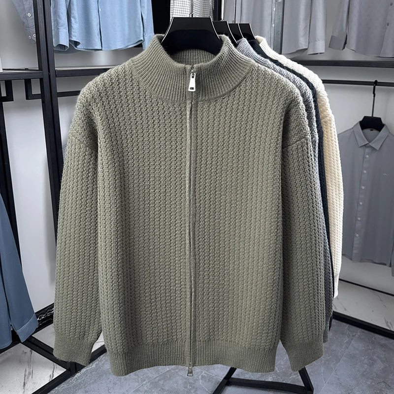 Hochwertiger Herbst-Winter Strick-Cardigan Designer-Neuheit Schlichter Lässiger Herren-Reißverschluss-Pullover mit Stehkragen Klassischer Jacquard Trendiger Sweater-Mantel – Detail 8