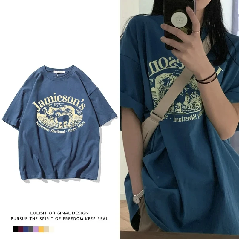 INS modny Design Sense niszowy ponadgabarytowy t-shirt damski letni koreański Sle luźny, typu Oversize Retro półrękaw