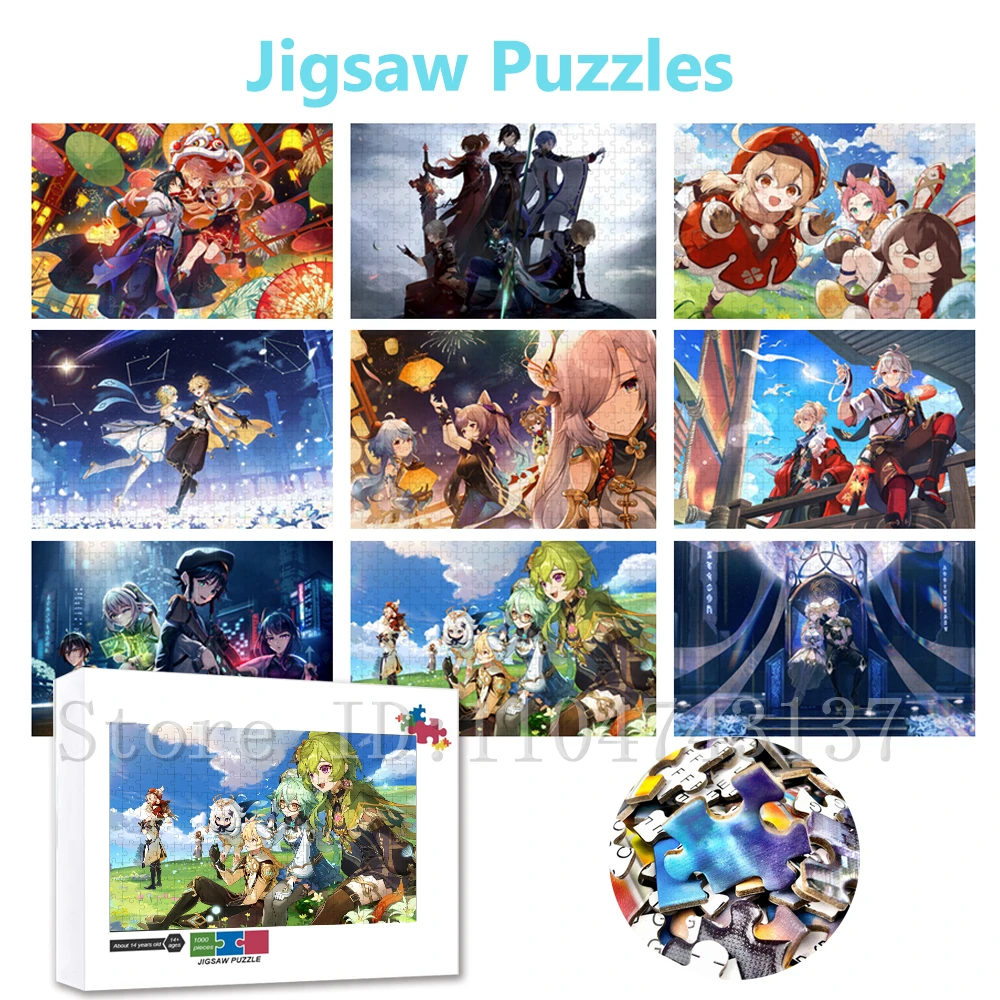 

Genshin Impact персонажные пазлы для семьи, забавные игровые игрушки, 108/300/500/1000 шт., головоломки с героями мультфильмов аниме, домашний декор, искусство