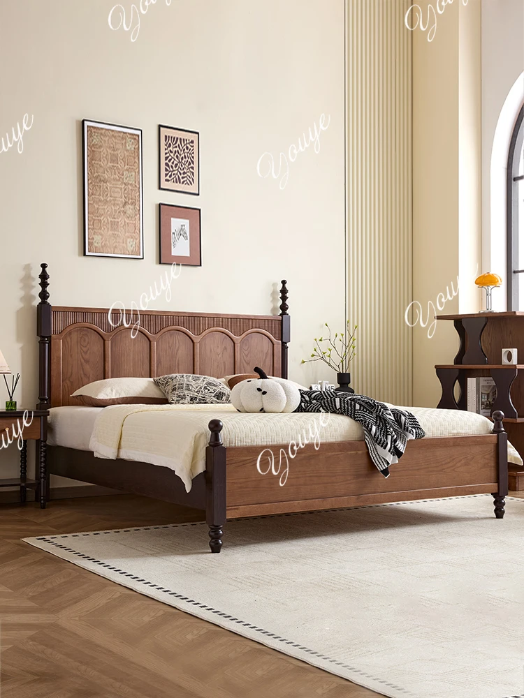 

Solid wood bed French retro solid wood bed 1.8 meters double bed master bedroom backrest American solid woodall