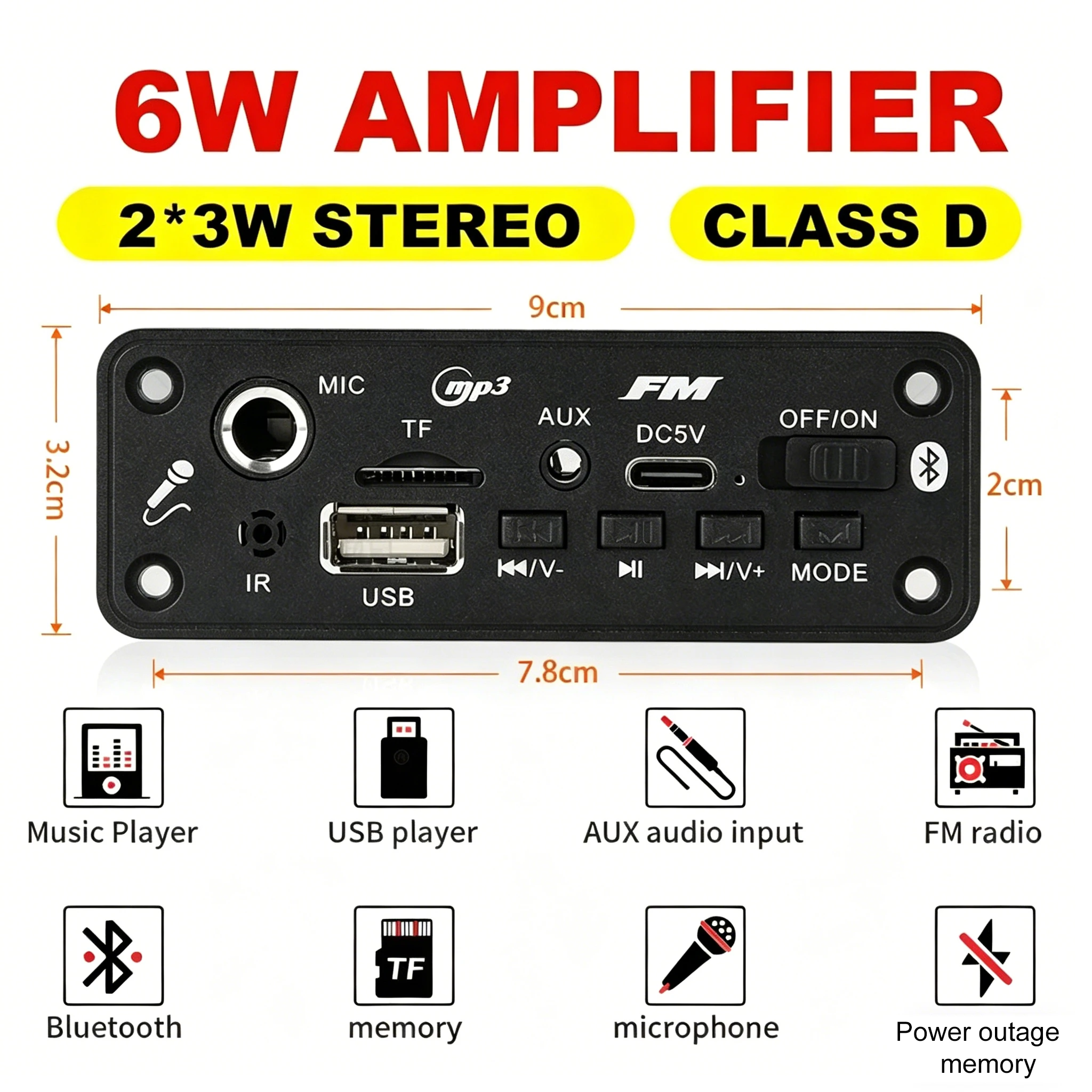 KEBIDUMEI DC 5V Bluetooth 5.0 MP3 Decoder Board 6W Amplifier MP3 Player Support Call Recording 3.5mm USB TF FM for Car Speaker