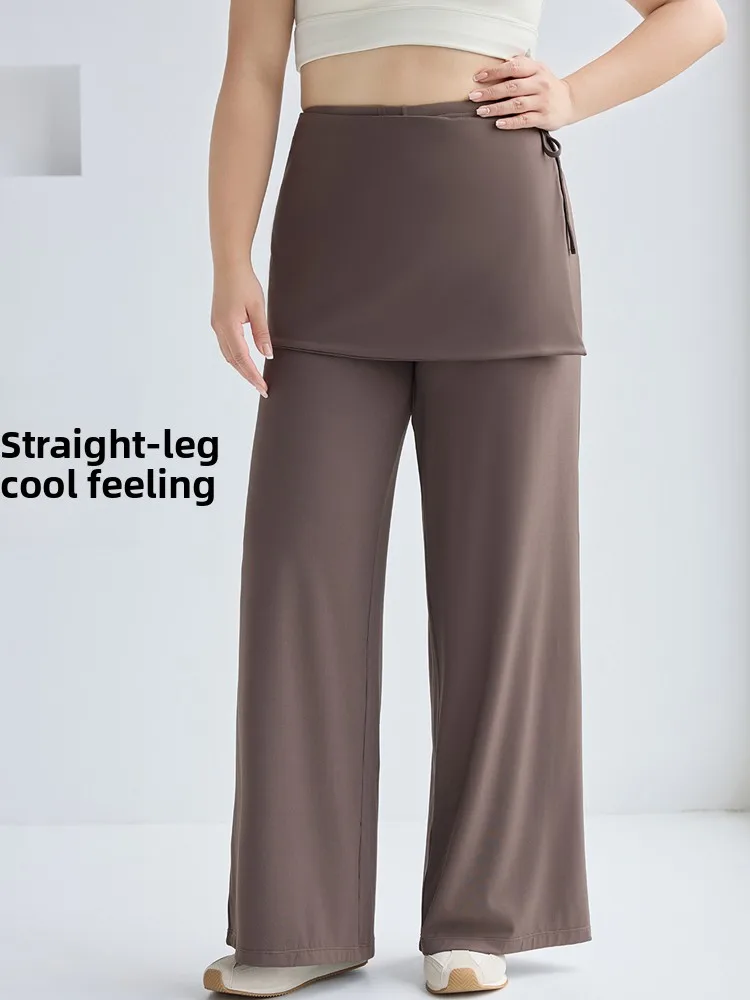 

Новинка 2025, большие размеры, коричневые брюки для йоги из коровьей кожи, женская летняя уличная одежда, прямая тонкая юбка из ледяного шелка, базовый слой, брюки