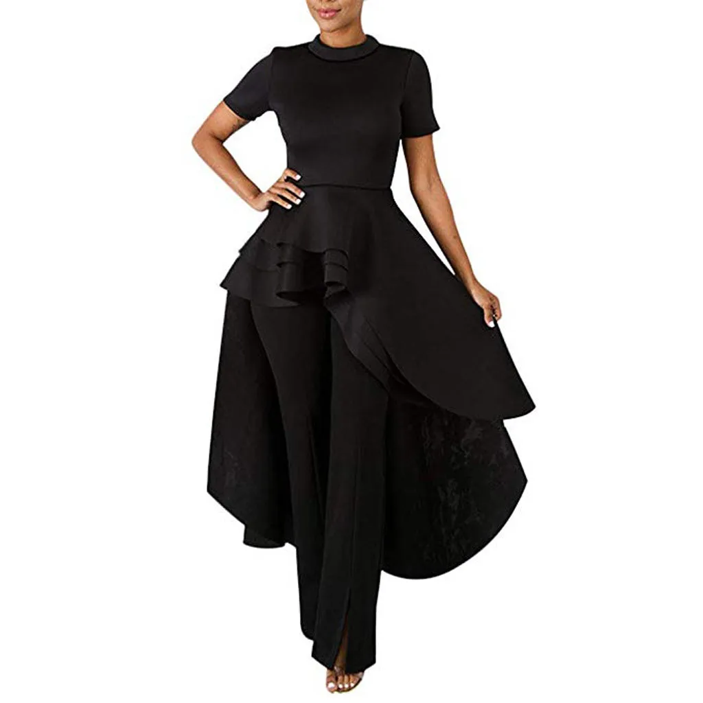 Women\'s Short Sleeve Ruffles Peplum Dress Irregular Long Robe Fashion Evening Party Club Dinner Female African Style Dress