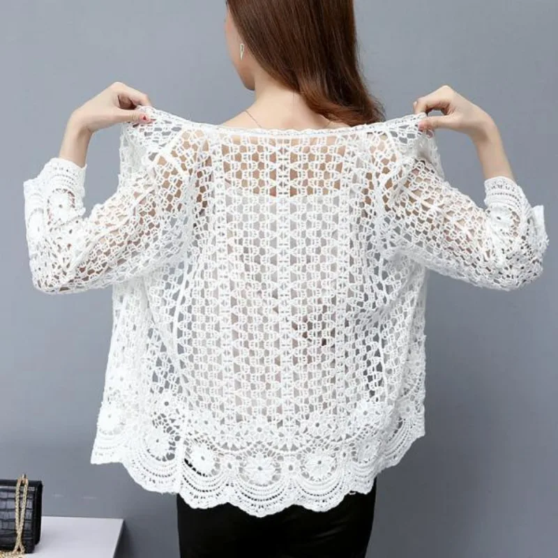 Lace shawl short jacket for women\'s short summer hollow out versatile outerwear thin cardigan top trend