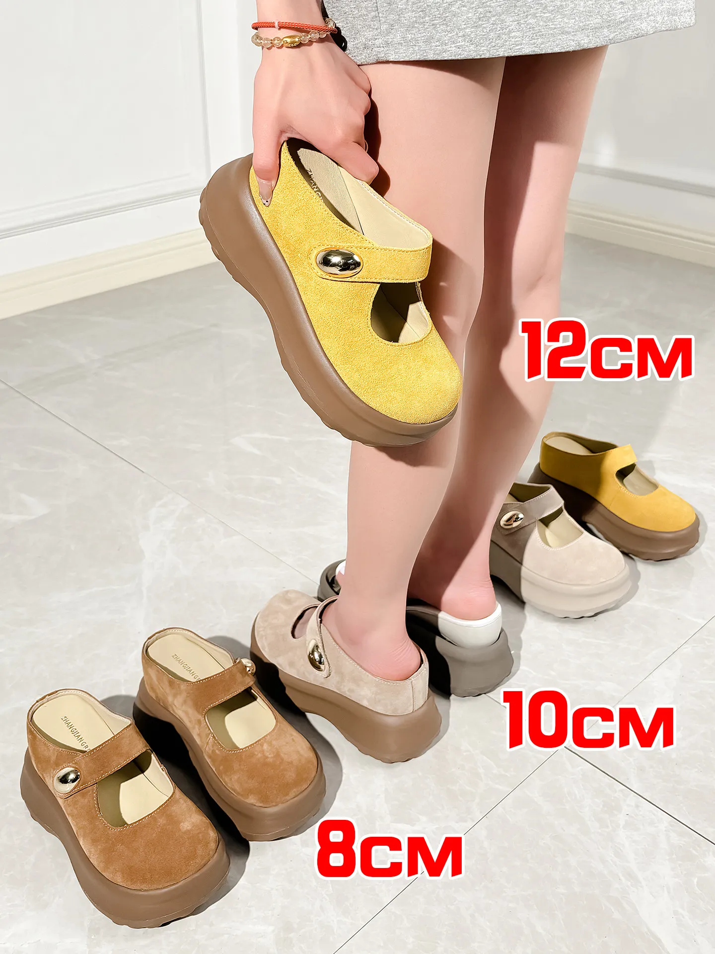 

Женские туфли-мюли ZJR 8-12 см из натуральной кожи с увеличением роста, со скрытой танкеткой, невидимой платформой, из замши