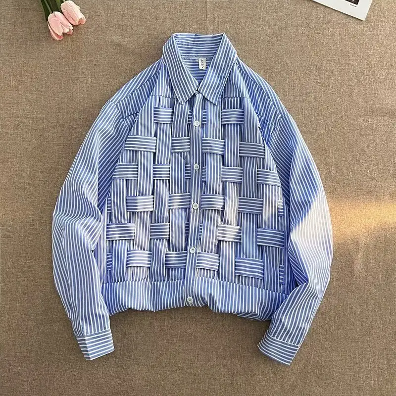 Men\'s Clothing 2023 Spring Summer New Weave Long Sleeve Lapel Korean Version Solid Color Striped Printed Trend Casual Shirts