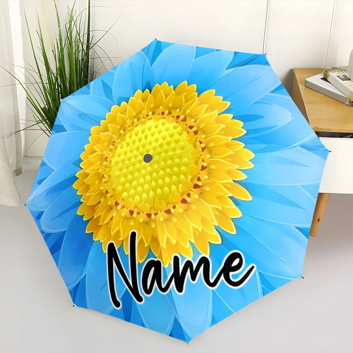 Personalization Custom Name Bright Sunflower Umbrella Design Print 8 Iron Ribs Folding Umbrella, Auto-Open Fashion Sunshade