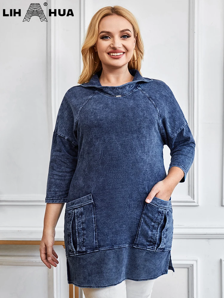 LIH HUA Vrouwen Plus Size Denim Jas Herfst Mode Elegant Jas Geschikt voor Ronde Vrouwen Katoen Gebreide Jas