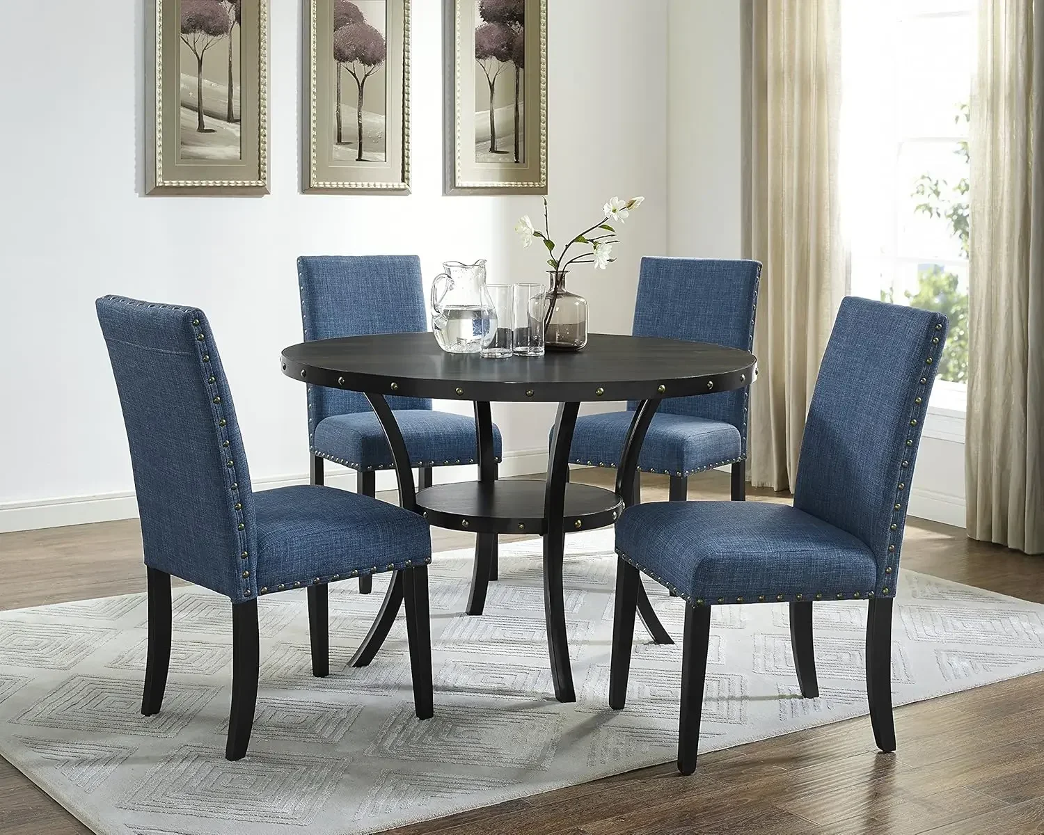 Collection Biony Espresso Wood Dining Set with Blue Fabric Nailhead Chairs,