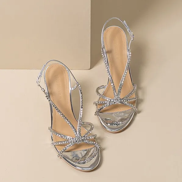 

2026 New High Heel Sandals Women's Round Head Water Diamond Fine Heel 8cm Commuter Fairy Style Silver High Heels