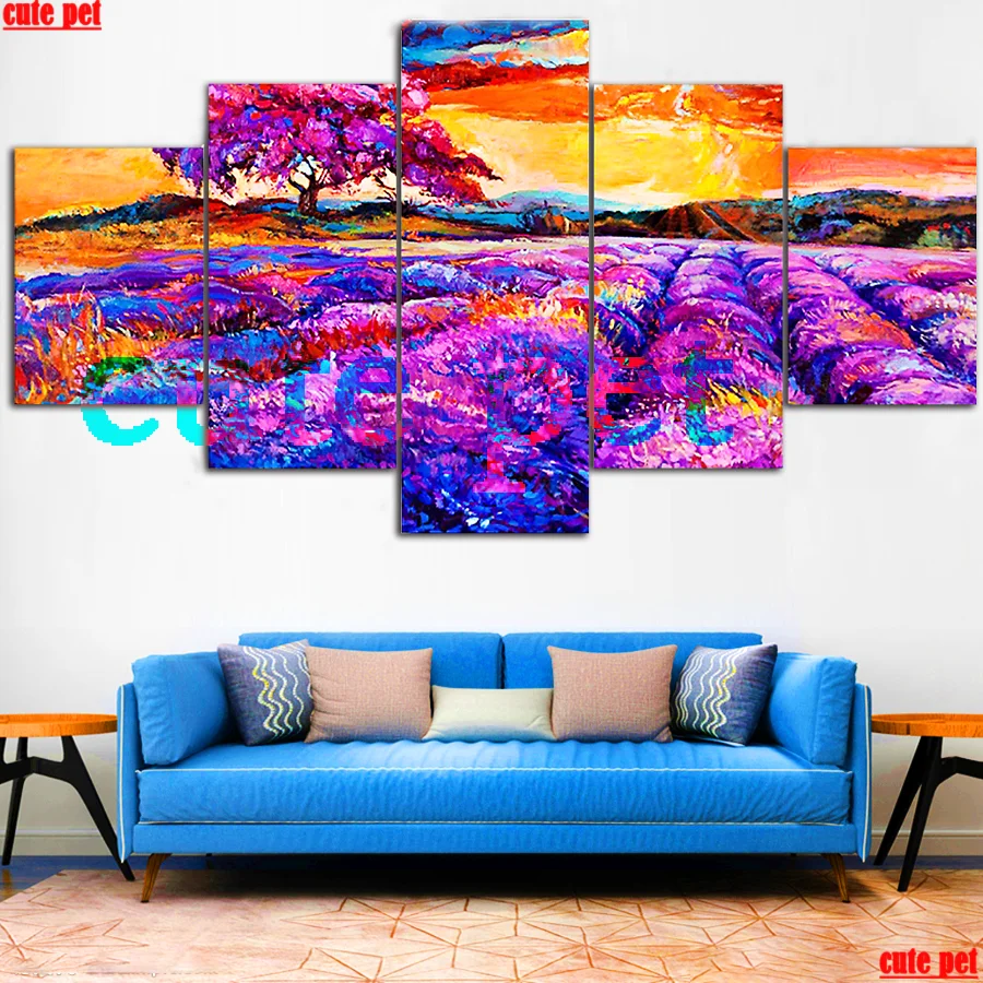 5PCS Full Square round 5D Lavender flowers in the sunset DIY Diamond Painting Diamond Embroidery CrossStitch Mosaic Sticker Gift