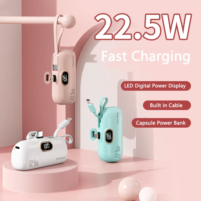 22.5W Fast Power Bank 5000mAh Built Cable Type C Plug Portable Charger for iPhone 15 14 13 Samsung Xiaomi Huawei Mini Powerbank