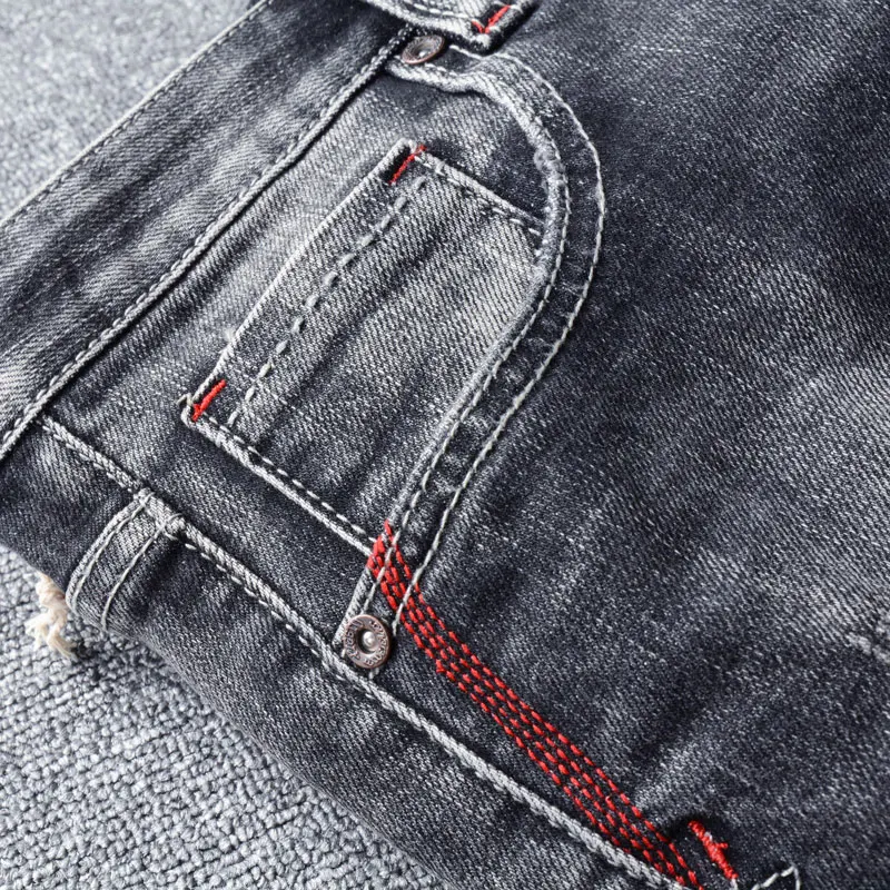 Italian Designer Fashion Men Jeans Retro Black Gray Slim Fit Stretch Ripped Jeans Men Vintage Trousers Casual Denim Pants Hombre