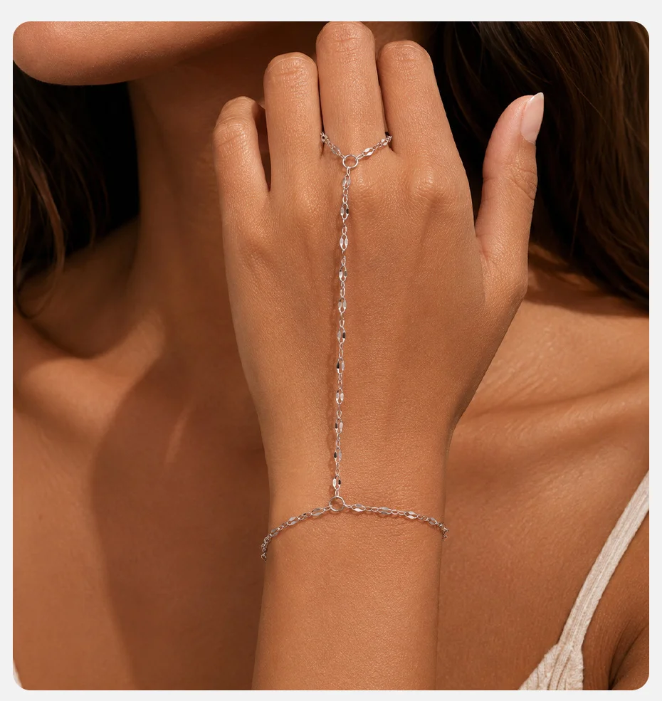 Vnox Minimalistischer Fingerring-Armband für Frauen, Edelstahl-Lippen-Handkette, Doppelschicht-Armband, Alltags- und Party-Schmuck – Detail 2