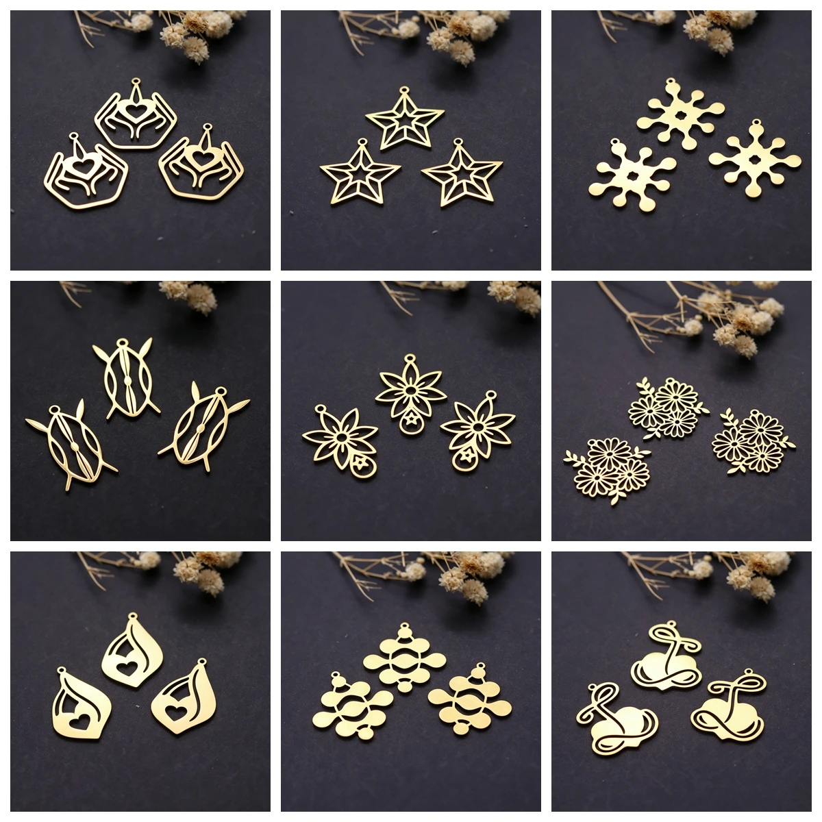 3pcs Flower Hand Heart Tree Deer Antler Star Stainless Steel Pendant Charms For Jewelry Making Necklace Earrings DIY Accessories