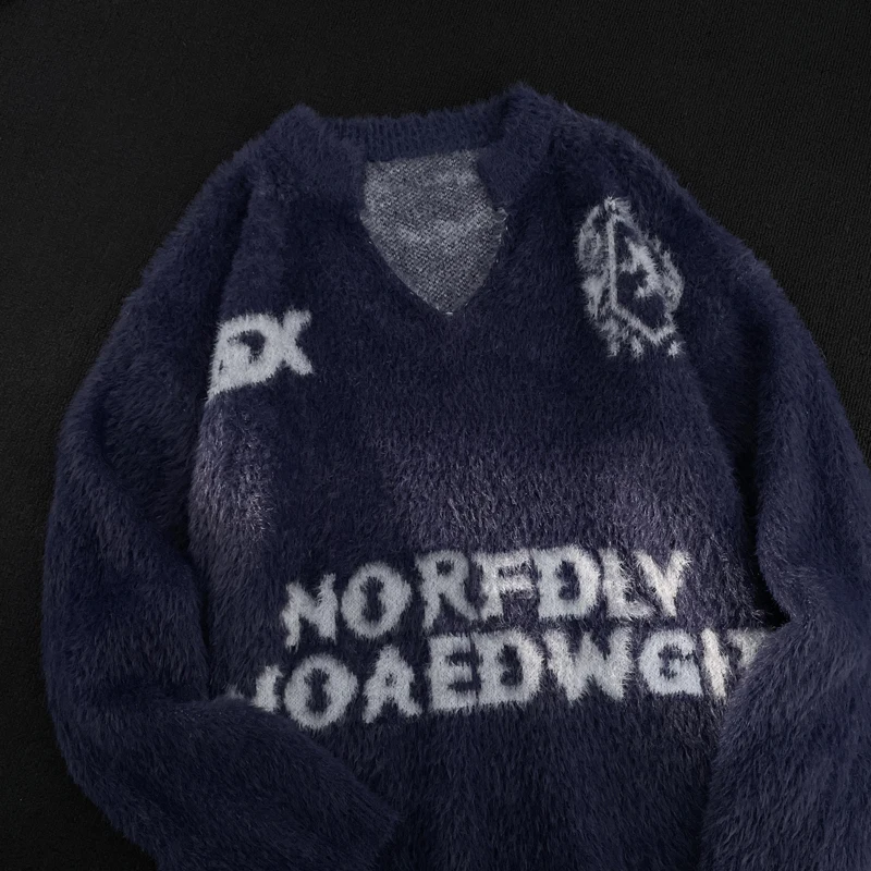 Suéter Retro de manga larga con cuello en V para hombre, Jersey de punto de visón Jacquard holgado y cálido, ropa de moda para hombre