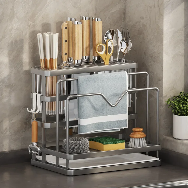 

Kitchen Storage Shelf MultiFunction Kitchen Knife Stand Holder Sink Storage Rack Stainless Steel Soap Sponge Holder Towel Rack