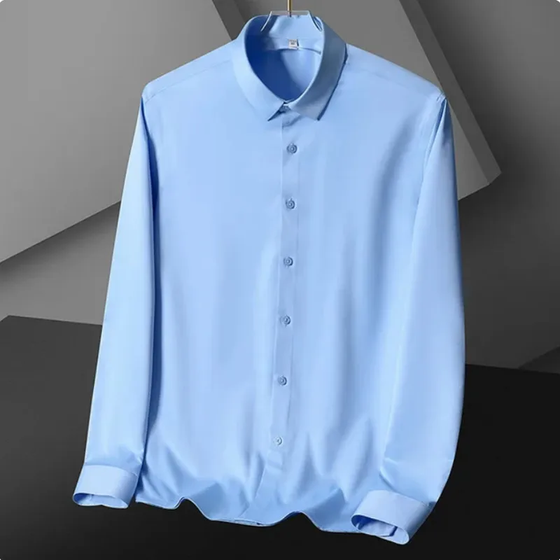 Camisa de manga larga para hombre, vestido de negocios de alta calidad, sin hierro, resistente a las arrugas, traje informal profesional, camisa azul, S-5XL