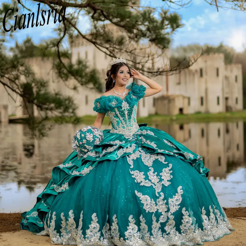 Vestido De quinceañera Floral verde De lujo con hombros descubiertos, apliques De cristal, 15 Años, dulce 16, vestidos De graduación