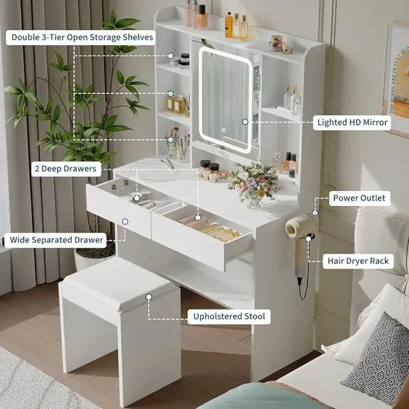 Vanity Desk with Mirror and Lights, for Bedroom,Adjustable 3 Color Lights Modes Includes Padded Stool, Makeup Table Set