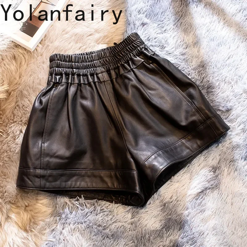 

Genuine Sheepskin Wide Leg Short Pants Women 2024 Real Leather Shorts for Womens Elastic High Waist Shorts Korean Style Hotpants